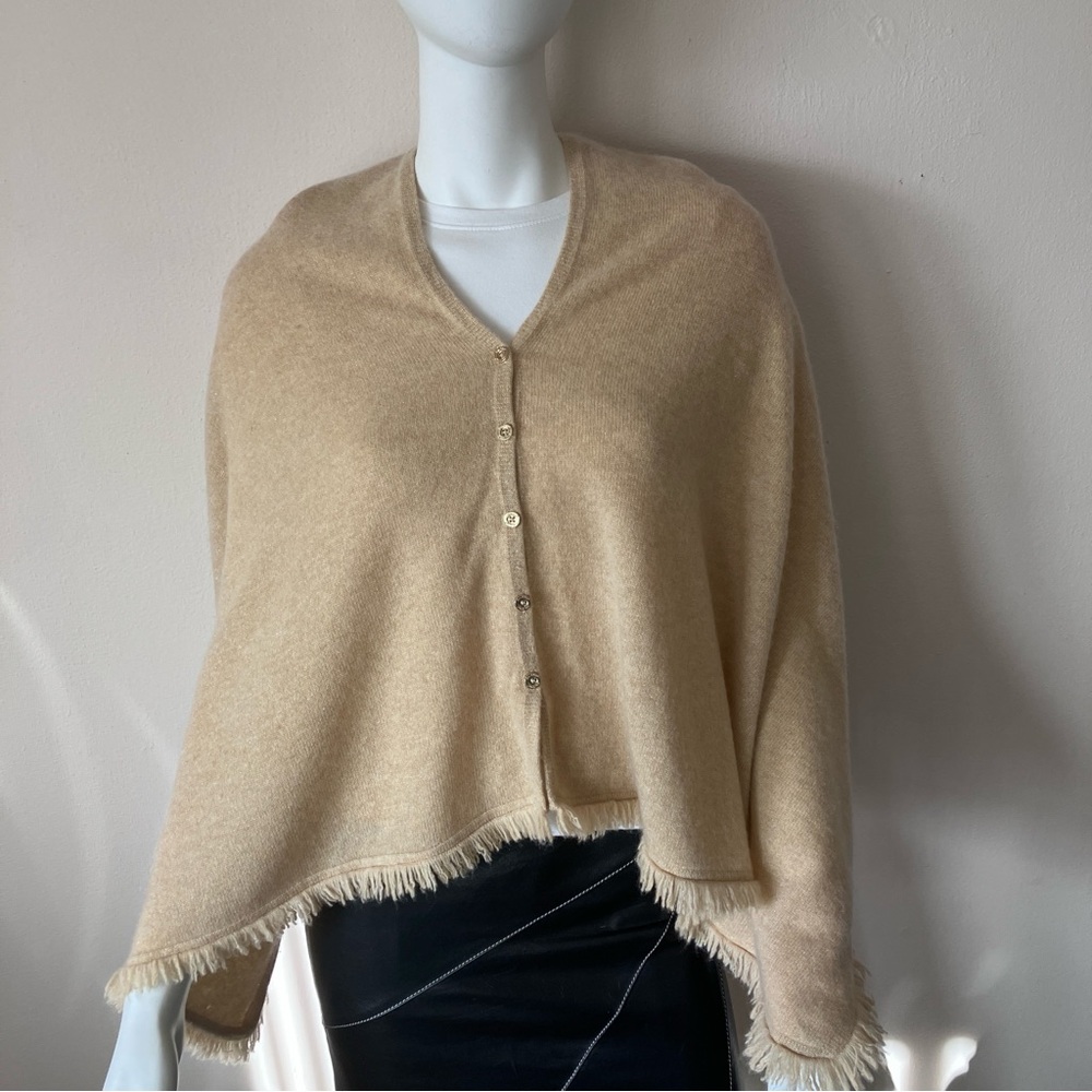 Lily Pulitzer beige cashmere/gold metallic wrap with fringe & buttons